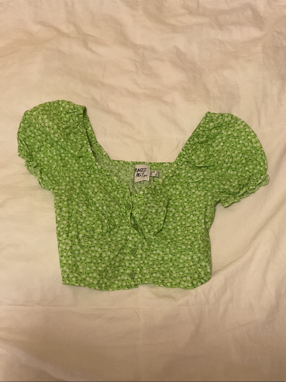 Princess Polly Green Floral Puff Sleeve Crop Top